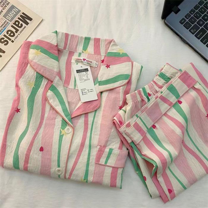 

Женская летняя полосатая пижама из хлопка Cloud - с коротким рукавом, высокого качества, в стиле Sweet Dopamine для дома. XXL (suggested 140-160)