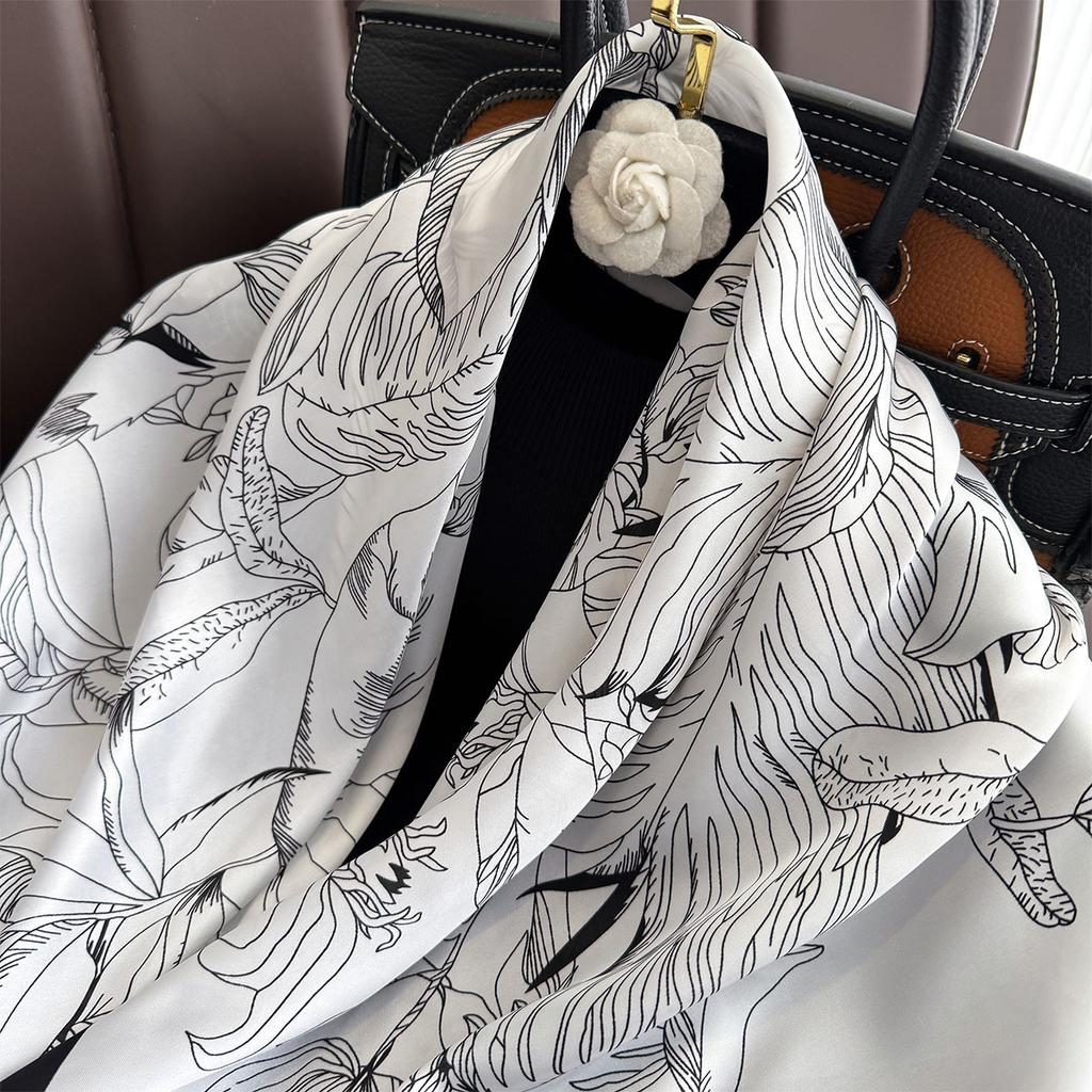 Large Square Scarf Retro Printed Silk Scarf Women's Spring and Summer Thin Simulated Silk Scarf 91 Square Scarf Versatile New Model