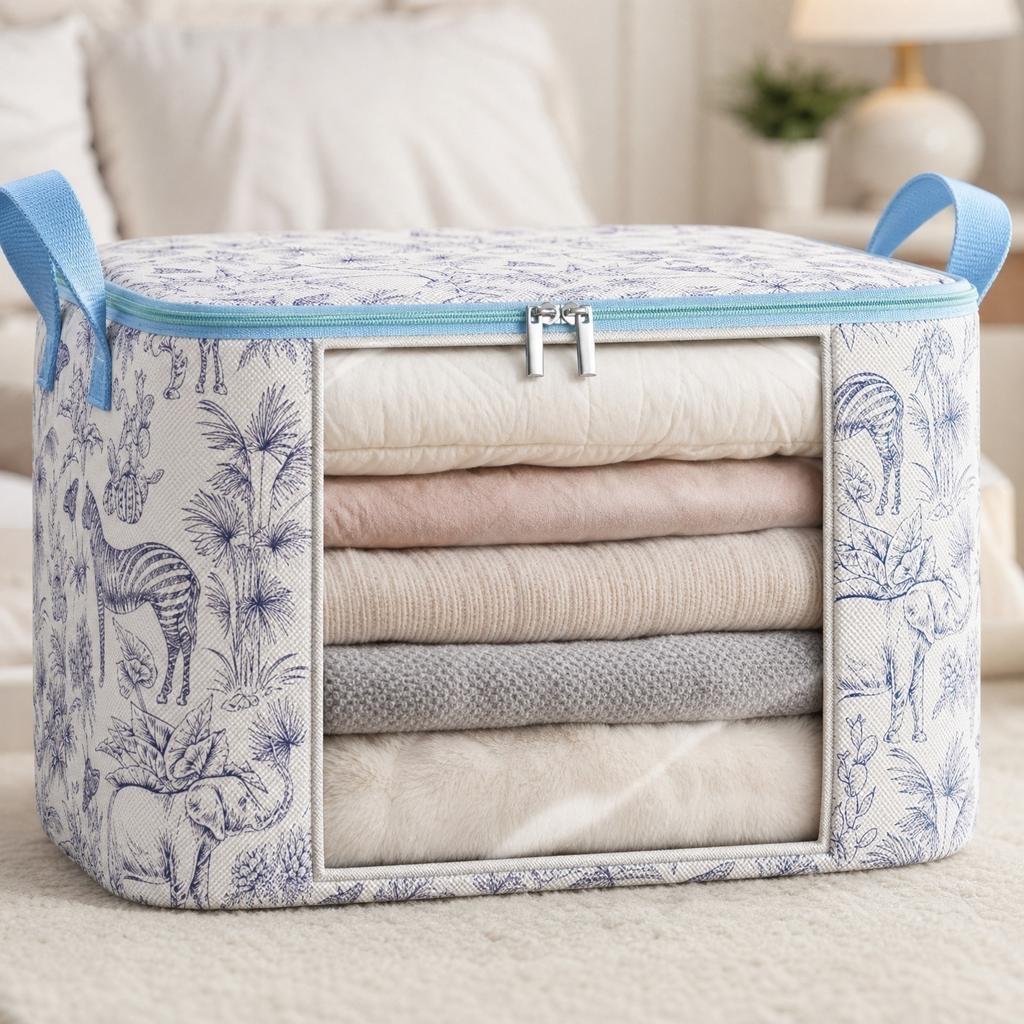 Non Woven Fabric Storage Bag with Transparent Window Zipper Closure Portable Handle Organizer for Clothes Bedding and Household Items