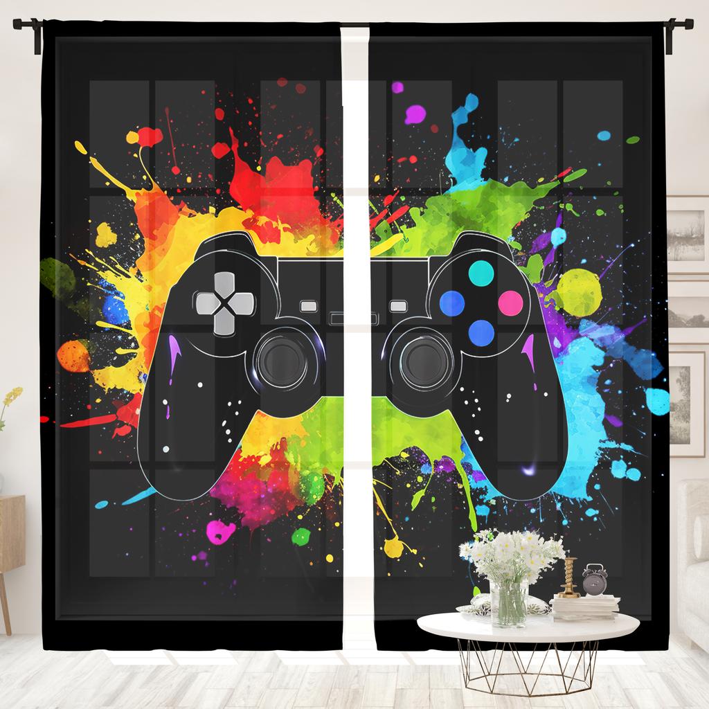 2 Stück, farbenfrohe Spielcontroller-Vorhänge - halbverdunkelnd - sehr gut geeignet für Wohnzimmer, Schlafzimmer, Küche, Heimdekoration