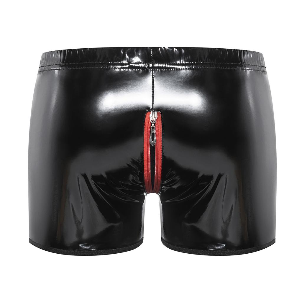 Mens Lingerie Latex Patent Leather Short Hot Pants Openable Crotch Boxer Underwear Elastic Waist Zipper Button Shorts NightwearGood product