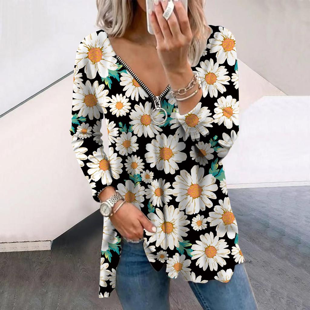 Women Autumn Floral White Sunflower Printed Long Sleeve T-Shirts Loose V-Neck Plus Size Tee Shirt Tops Comfy Blouse