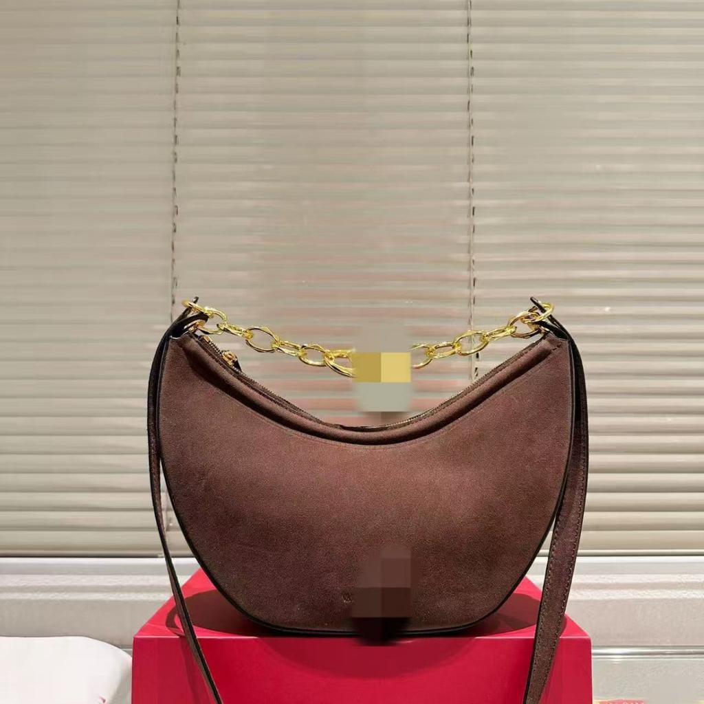 Vintage Suede Velvet Crescent Handbag Underarm Bag Hobo Lazy Style Metal Chain Fashion Saddle Bag Horn Bag for Women