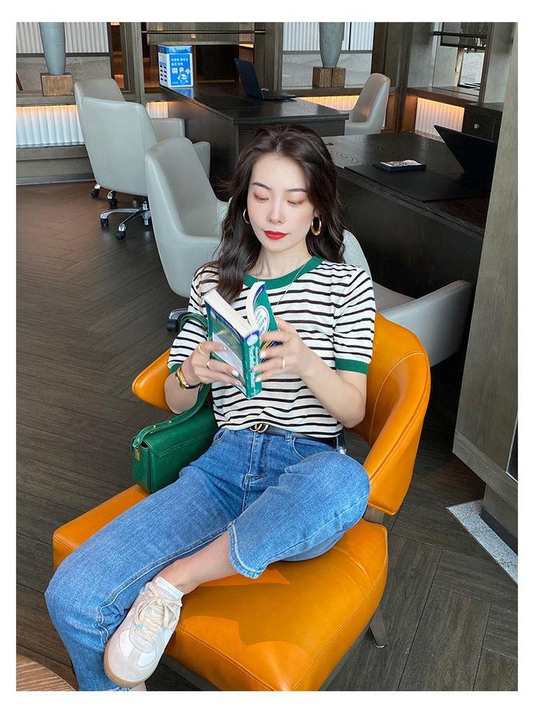 Ice Silk Short-Sleeve Knit Striped T-Shirt for Women, Plus Size Korean Style Summer Chic Top