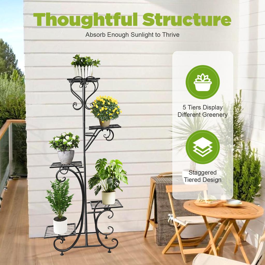 5-Tier Flower Stand, Black Iron Plant Shelf W/ 5 Trays, Modern Baking Paint Display Rack, Multi-Level Floor Standing Organizer
