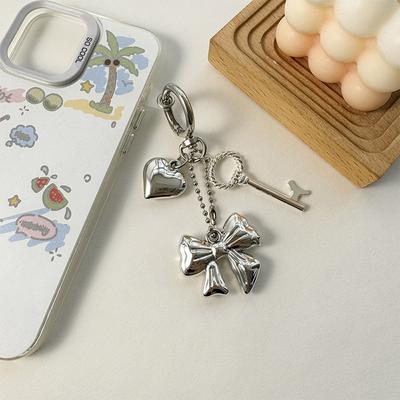 Ins Style Silver Heart Chaveiro Liga Laço Pingente de Telefone Fone de Ouvido Capa Charme Bolsa Decoração Chaveiro de Carro