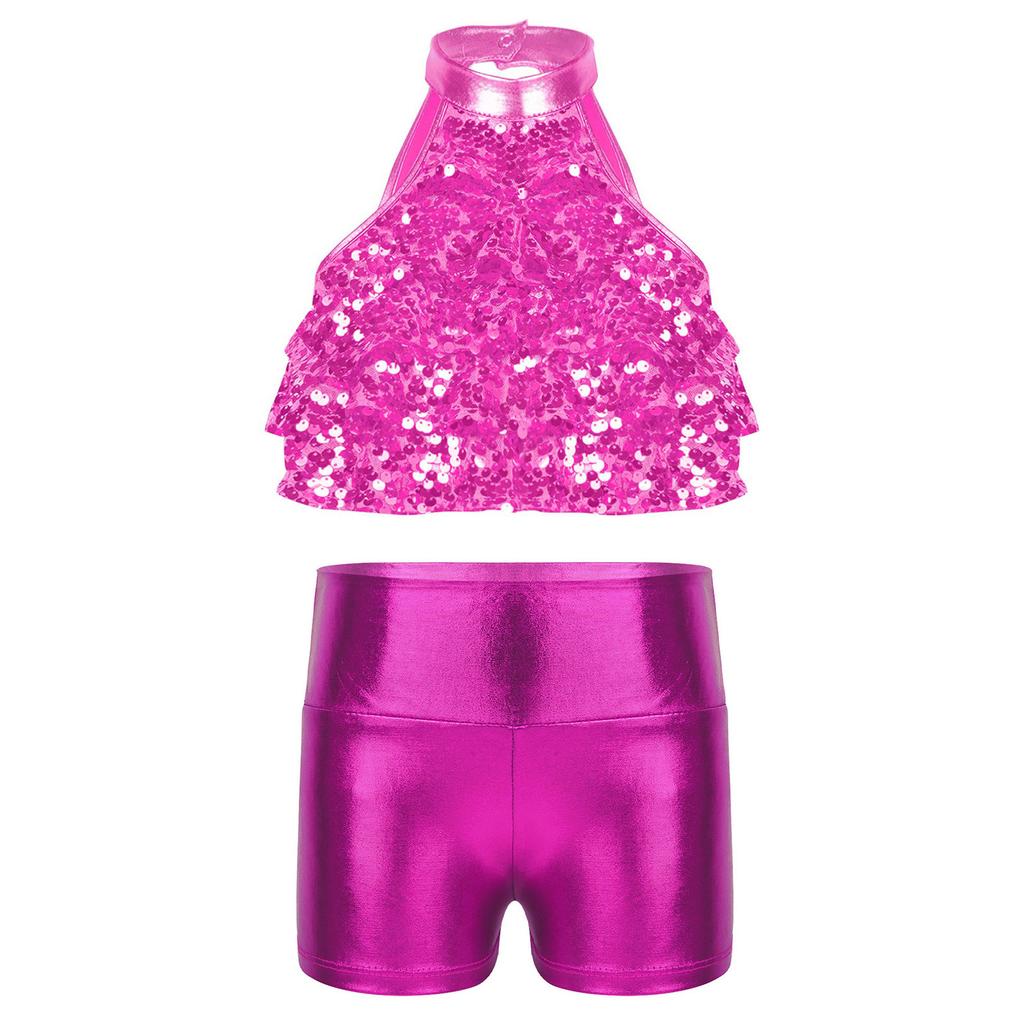 Top Corto da Bambina con Collo Alto Senza Maniche e Paillettes Pantaloncini Stratificati Lucidi Metallici Outfit per Danza sul Palco