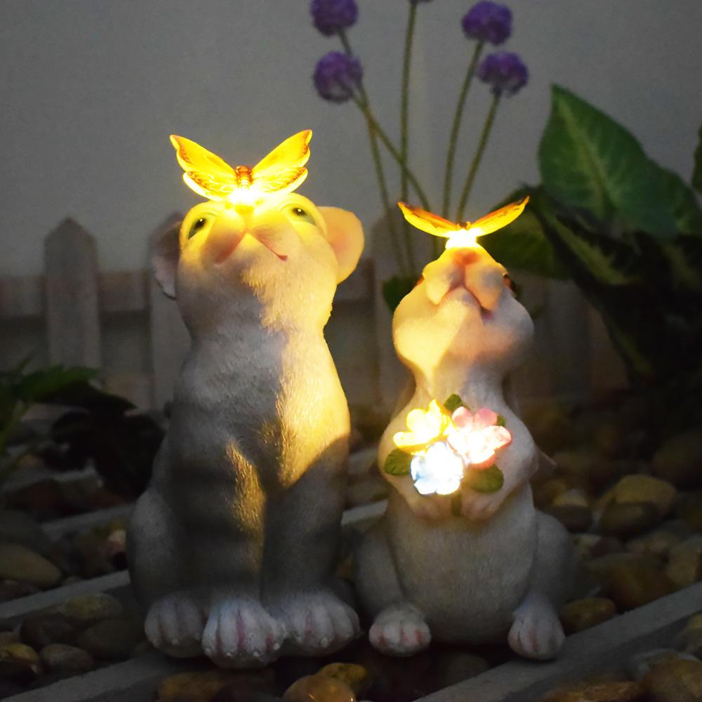 Solar Bunny Cat Statue Garden Decor LED Light Resin Animal Sculpture Figurine Outdoor Decoration for Courtyard