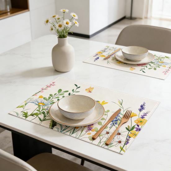 4Pcs Floral Linen Placemats 30x45cm Washable Reusable Heat-Resistant Table Mats with Plant Flower
