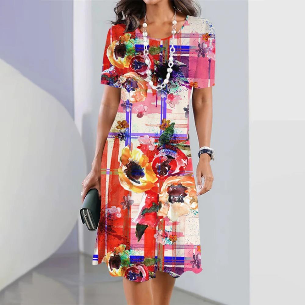Letnie luźne i eleganckie ubrania damskie Kwiecista sukienka z krótkim rękawem Sukienka na imprezę wieczorową Okrągły dekolt Sweter Ubrania uliczne