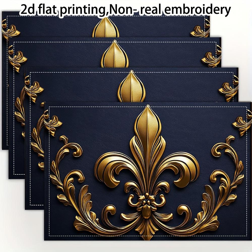 of 4, Elegant Floral Design Placemats in Golden And Dark Blue, Perfect for Dining Tables, Kitchens, Parties, And Festive Occasions, Measuring 12 by 18