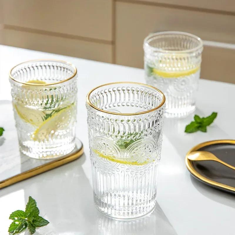 GIANXI Anaglyph Glass Cup Transparent High Temperature Resistance Thicken Glass Cups Retro Sun Flower Pattern Glasses Drinkware