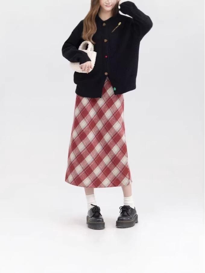 American Retro Plus Size Plaid Wool Skirt – Elegant Mid-Length Korean Style