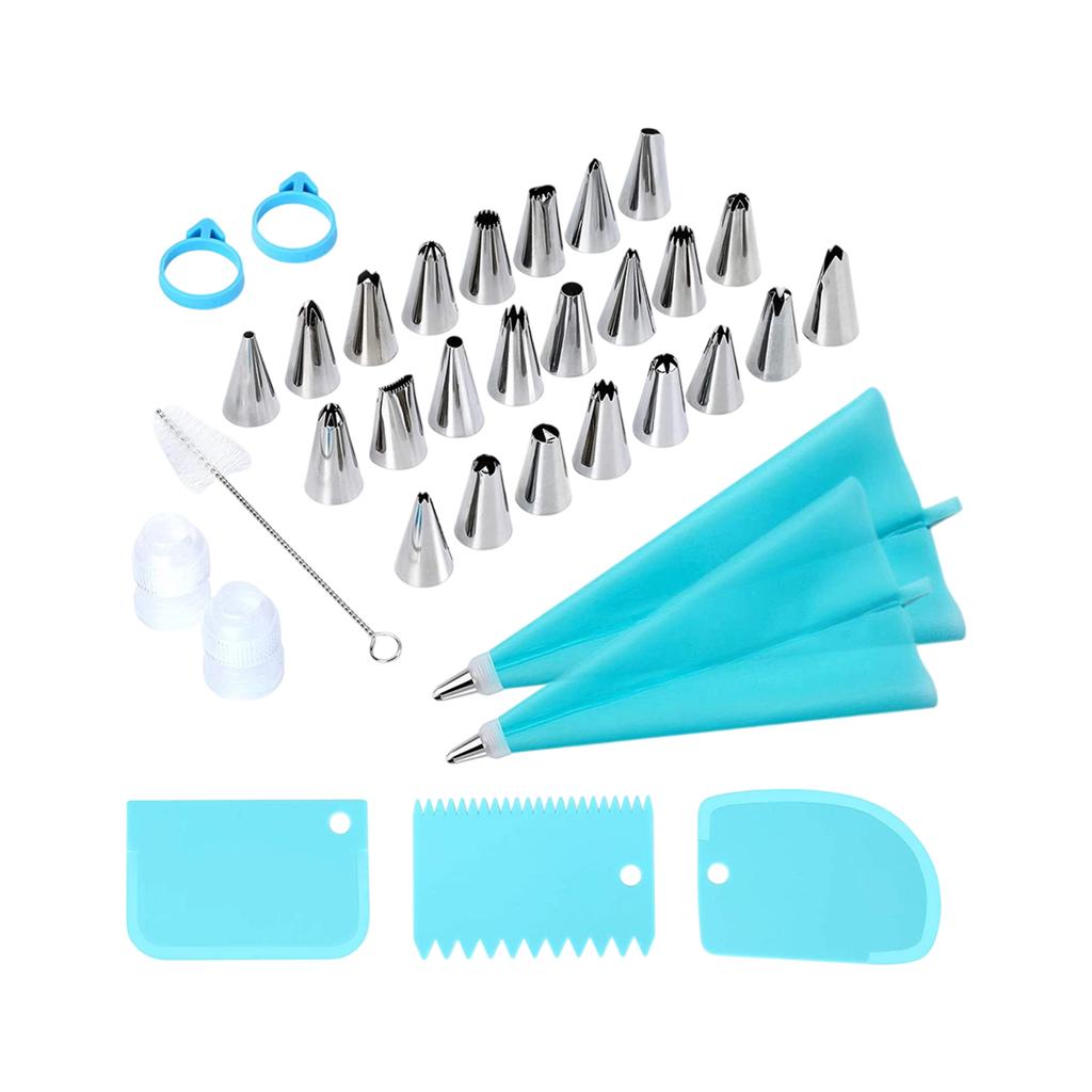 34-Piece Stainless Steel Cake Decorating Nozzle Set with Silicone Piping Bags and Scrapers for DIY Baking and Pastry Decoration