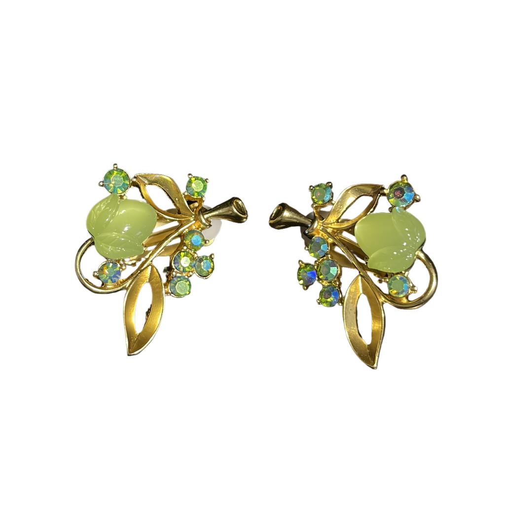 Vintage Fresh And Delicate Colored Diamond Leaf Hollow Ear Clip Set Three-Dimensional Design Green Necklace