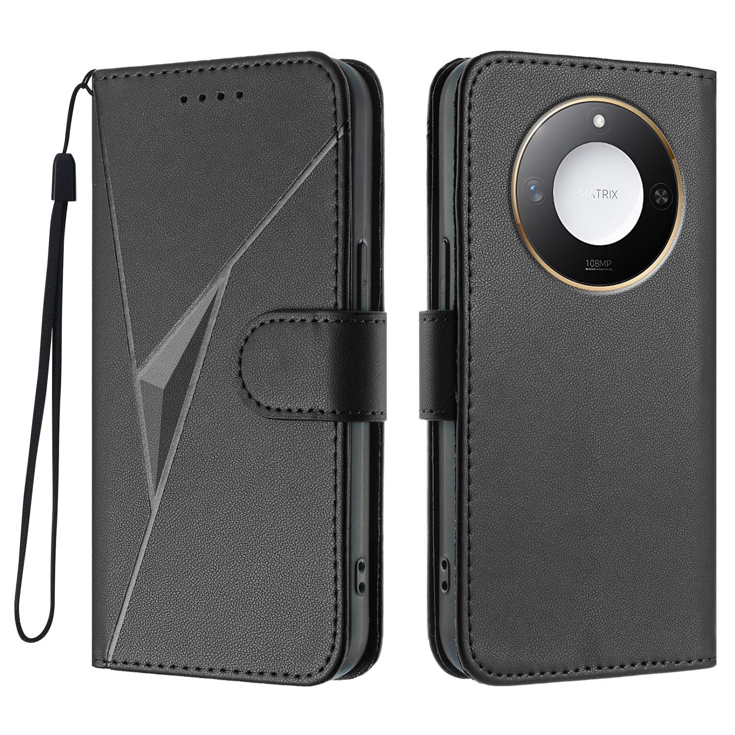 

For Honor X9c Smart 5G/Honor X60 5G Case Triangle Imprint Leather Phone Cover with Lanyard Black