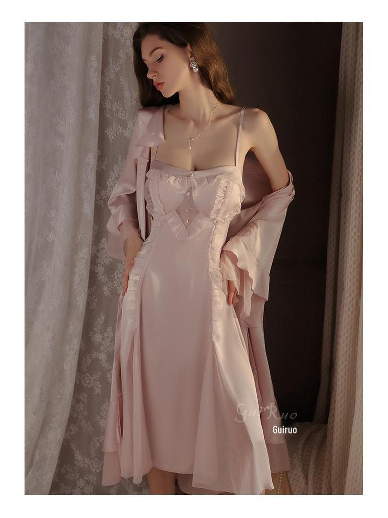 Rose Sweet Lingerie Set: Padded Camisole Dress with Tie-Front Robe