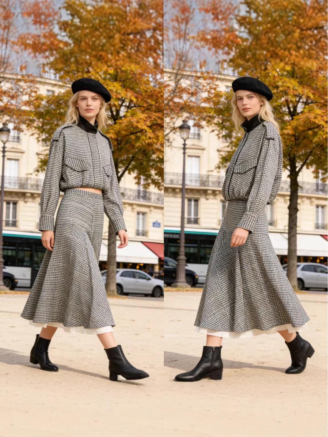 Ретро-современный клетчатый бомбер и комплект из юбки для женщин (Европейский и американский стиль) M