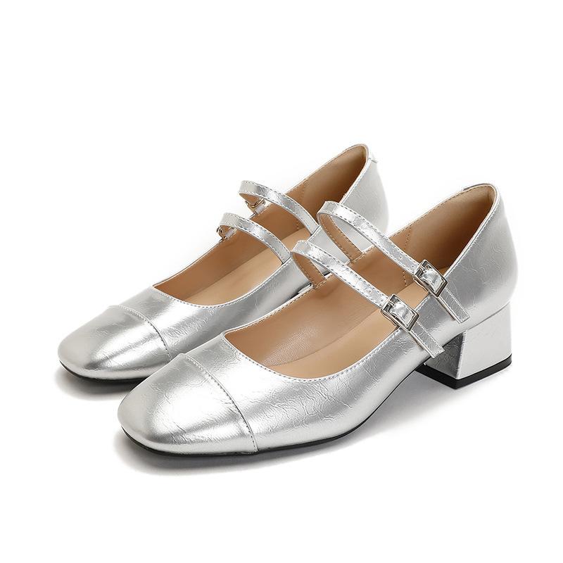 

2025 summer new French square head Mary Jane sheepskin~ thick heel with skirt temperament silver high heel single shoes 34 серебряный