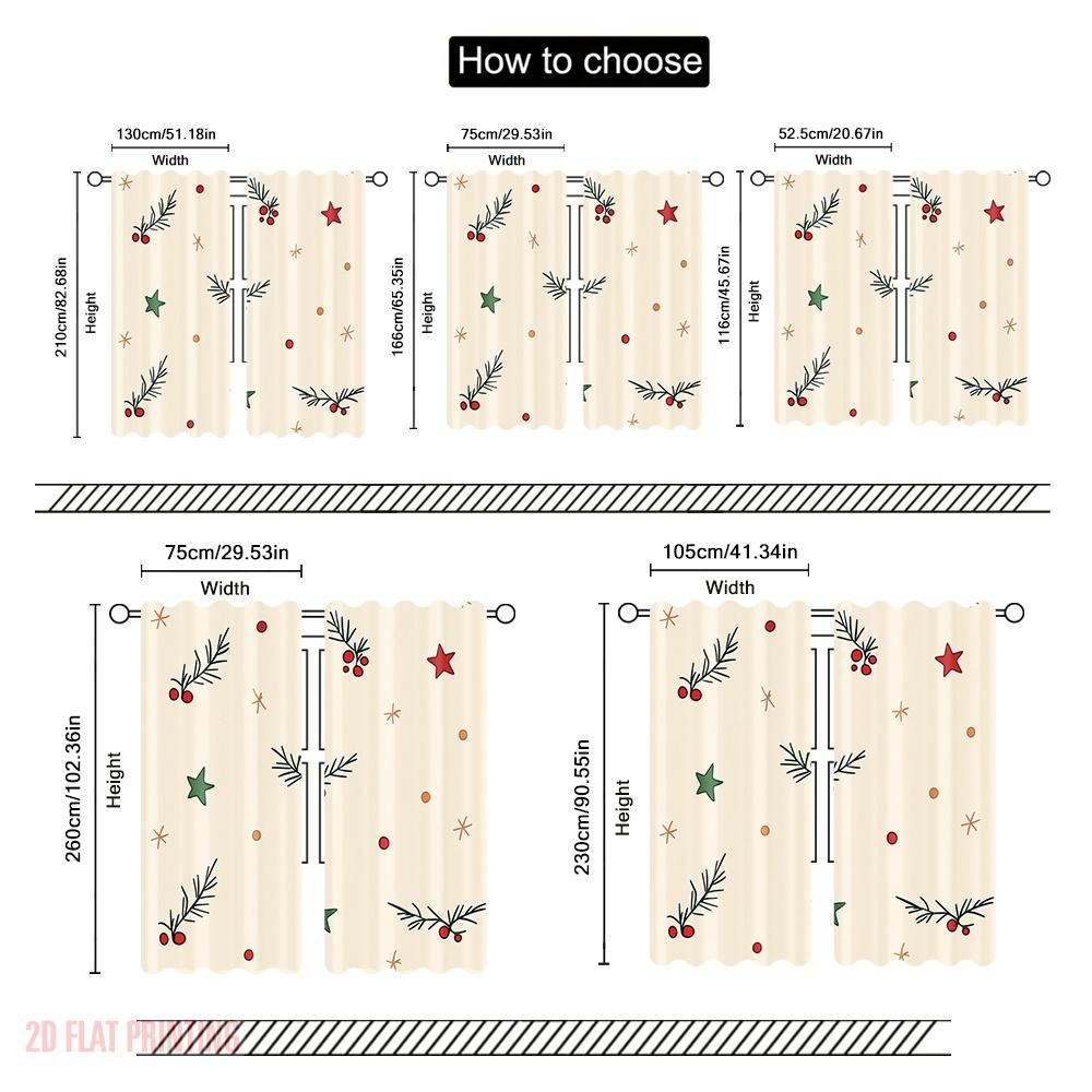 2 szt., druk płaski 2D Zasłony filtrujące światło Gałązka z jagodami bożonarodzeniowymi Gwiazda Wszechstronna tkanina poliestrowa (bez pręta) Dekoracje