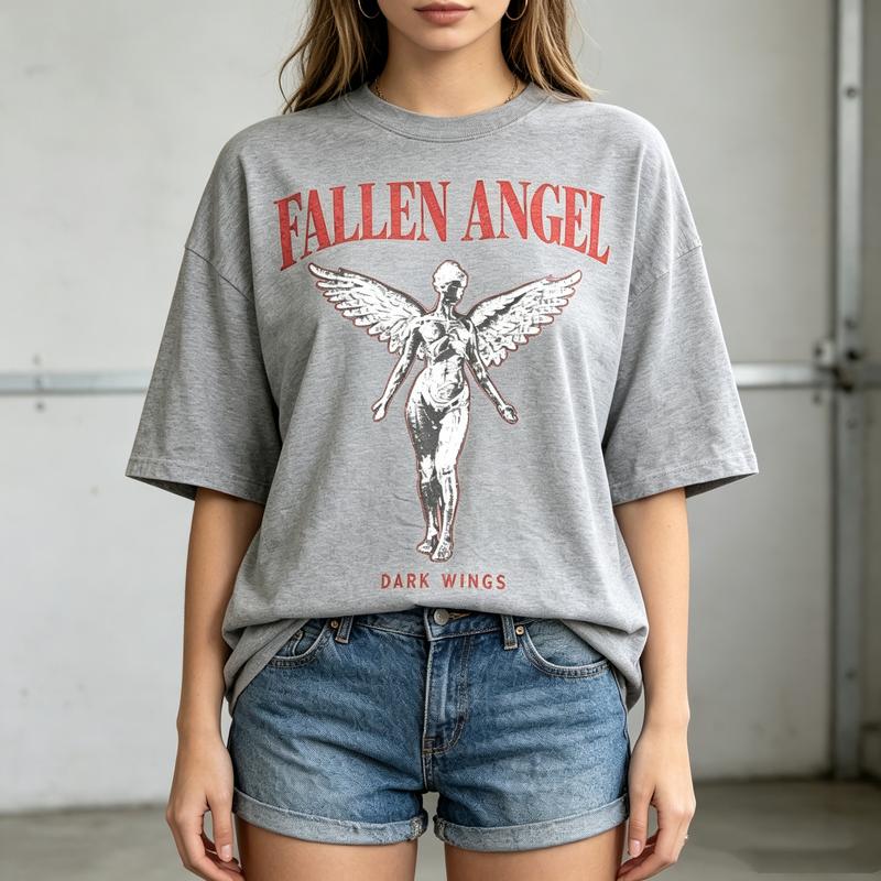 Modny Unisex Upadły Anioł Casualowa Koszulka Regularny Krój Bawełna Krótki Rękaw Ciemny Anioł Streetwear Dżinsowe Szorty Codzienna Koszulka