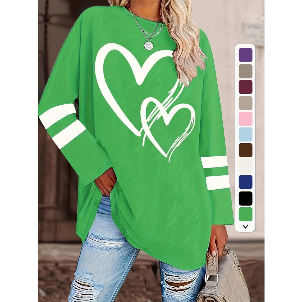 T-shirt da Donna Taglie Forti, Maglia Casual a Girocollo Manica Lunga con Stampa a Cuore, Abbigliamento da Donna Taglie Forti all'Ingrosso