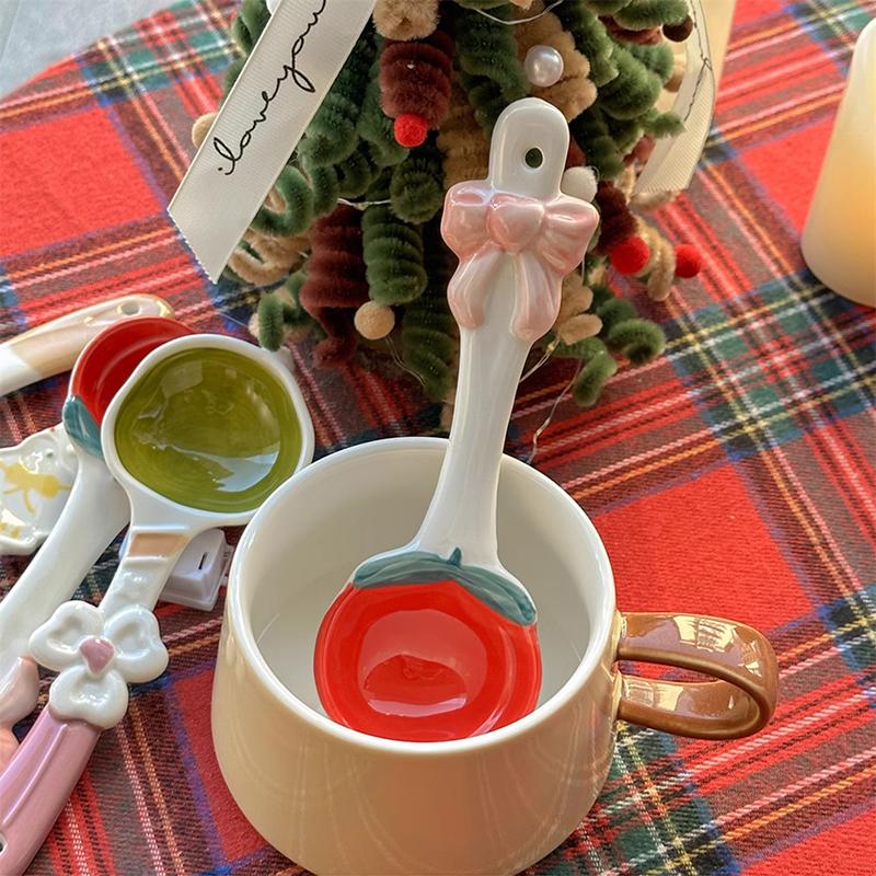 Kawaii Cherry Ceramic Soup Spoon Cute Korean Ice Cream Hand Painted Dessert Spoon With Long Handle Kitchen Tableware Accessories