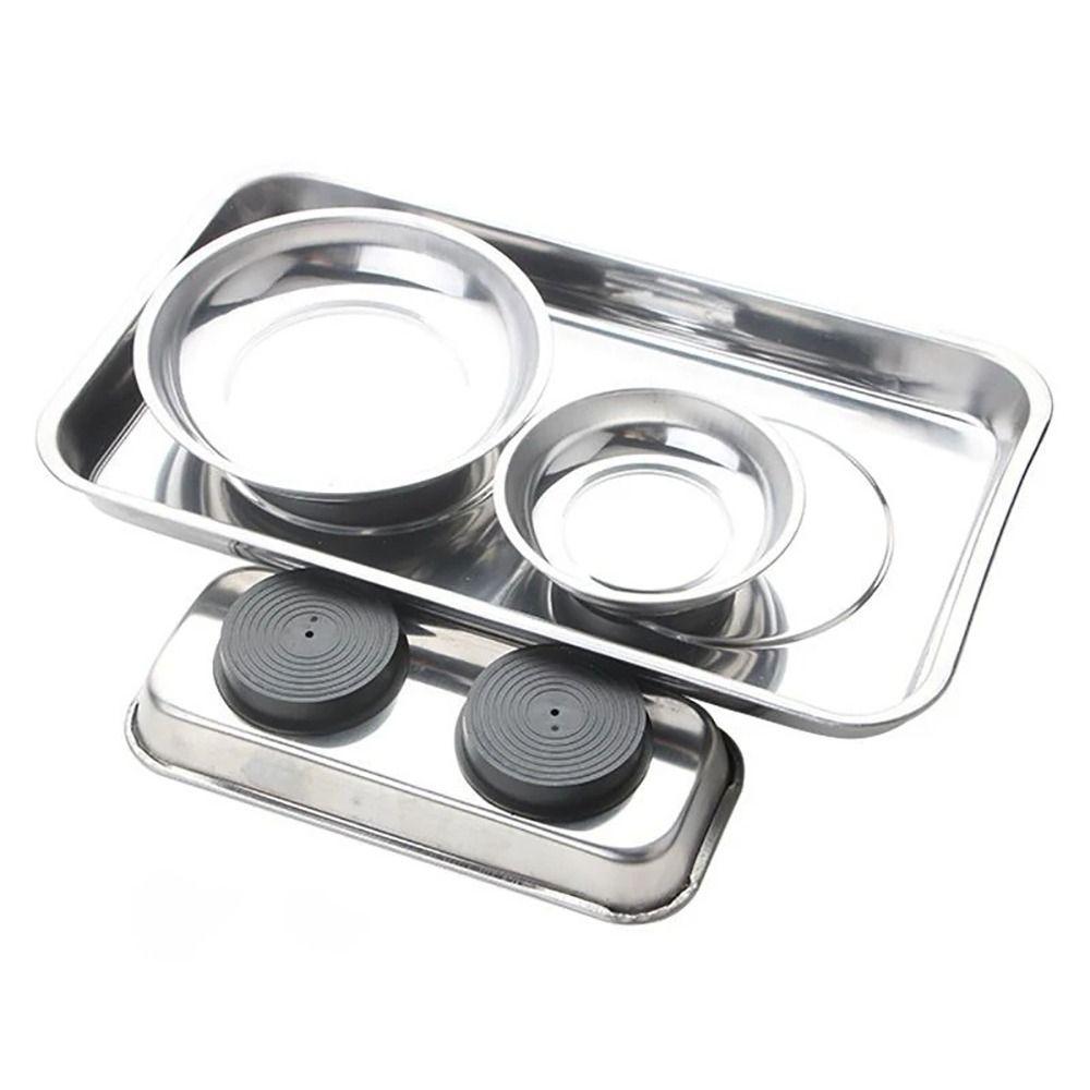 1Pcs Round Square Magnetic Parts Tray Silver Magnet Tool Organizer Stainless Steel Multifunctional Parts Bowl