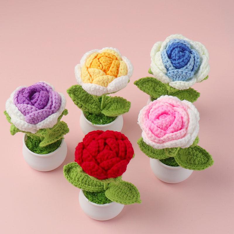 Finished Wool Crochet Rose Flower Potted Home Room Decoration Cute Handmade Knitting Potted Desktop Ornament Christmas Gifts
