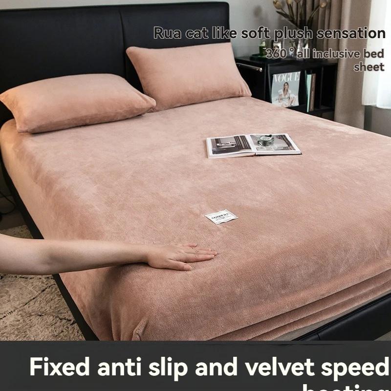 Yumuşak Sıcak Peluş Fitted Sheet Elastik Yatak Örtüsü Kabarık Mercan Polar Yatak Örtüsü Kış Çift Lüks Çift Kişilik Yatak Örtüsü