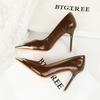 Shallow Heeled High Heels for Women, Pointed Iron Toe Decorative Super High Heels, Patent Leather Single Shoes