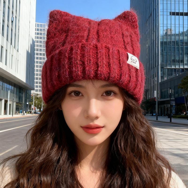 Korean Style Cat Ear Woolen Hat for Women Winter New Warm Ear Protection Knitted Hat Showing Face Little Cute Pullover Hat