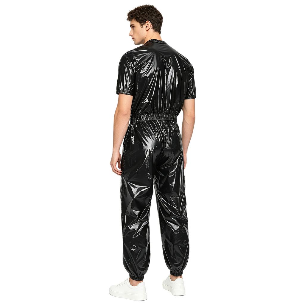 Men Waterproof One Piece Jumpsuit Short Sleeve Front Zipper Elastic Waist Side Pockets Jogging Pants Raincoat Sauna Tracksuit for Outdoor Running