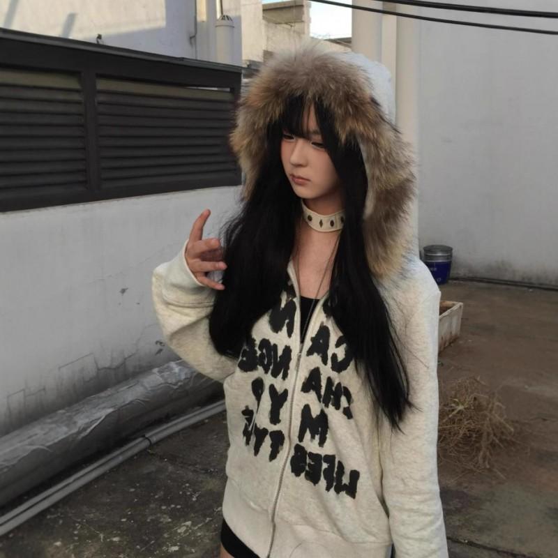 Womens Y2K Zip-Up Hoodie Faux Fur Trim Letter Print Thick Fleece Casual Loose Cardigan