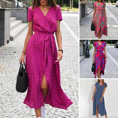 Rochie midi pentru femei, cu decolteu în V, cu imprimare florală, cu mâneci scurte, cu talie strânsă, rochie cu dantelă, cu talie înaltă, rochie de plajă de vară, haine pentru femei