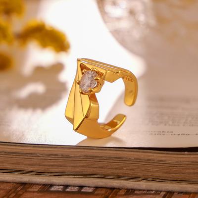 Irregular Geometric Zircon-Set Open Texture Ring Retro Design Copper-Plated Real Gold Jewelry Women