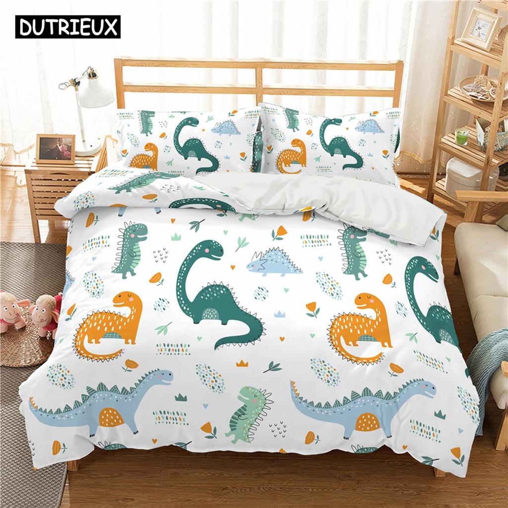 Cute Cartoon Dinosaur Print Polyester Bedding Sets Child Kids Covers Boys Bed Linen Set For Teens King Size Bedding Set