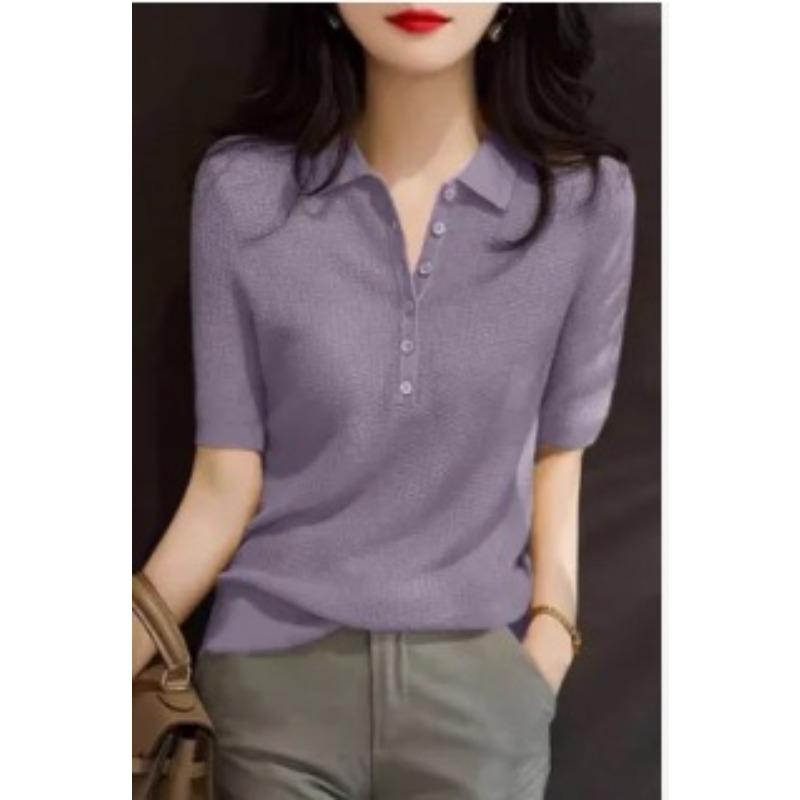 

Women s Ice Silk Short Sleeved T-shirt Summer Thin Polo Collar Knitted Top XL фиолетовый