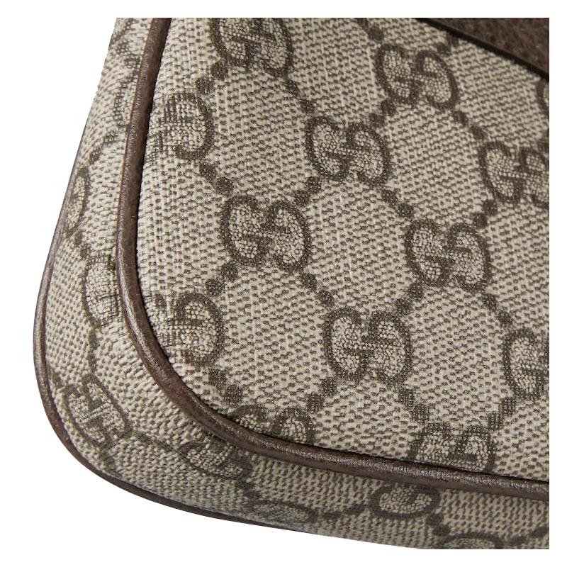 Gucci Ophidia Double G Gold Hardware Brown Leather Trim Handbag Mini Women's Beige and Ebony