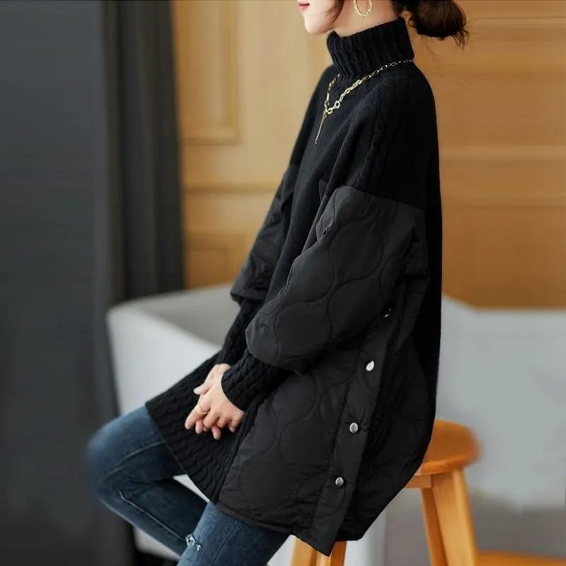 Women's Winter Parka Coat Fashion Versatile Lady Splicing Knitted Outerwear Temperament Casual Ladies Sweater Jacket