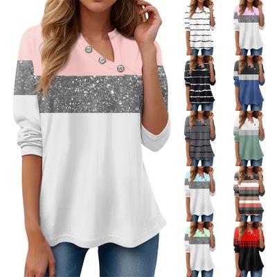 Women's T Shirt Tee Print Button Long Sleeve Daily Weekend Fashion V Neck Pullover Tops
