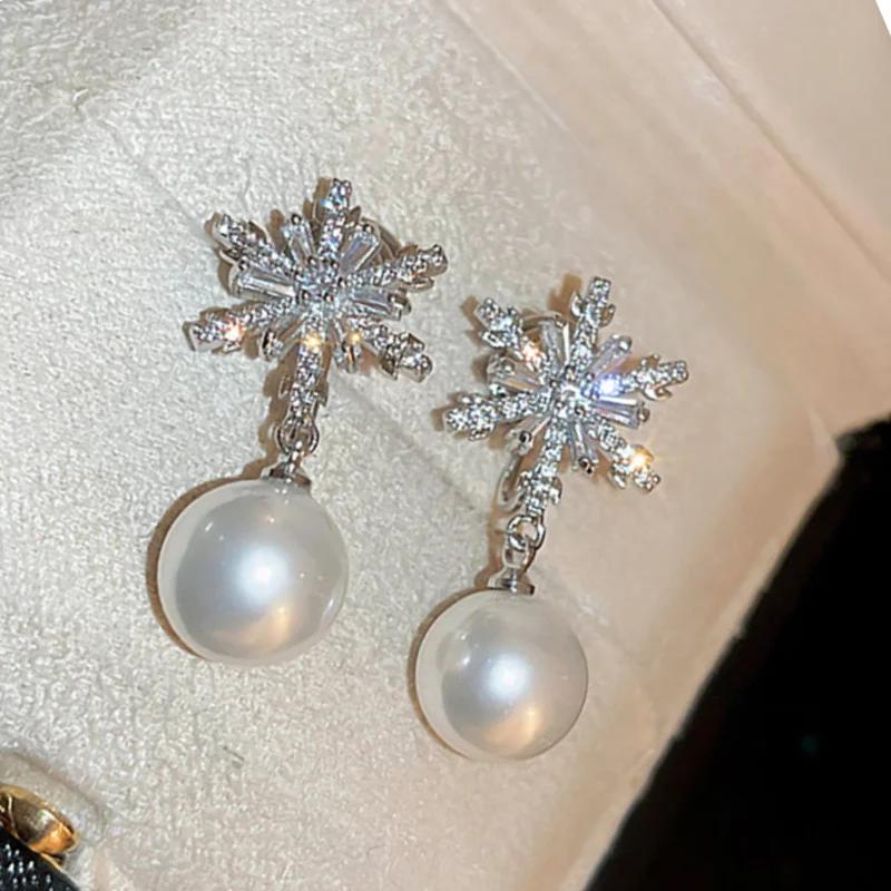 Simple Stylish Simulated Pearl Earrings with Cubic Zirconia Fashionable Women Silver Color Luxury Trendy Jewelry