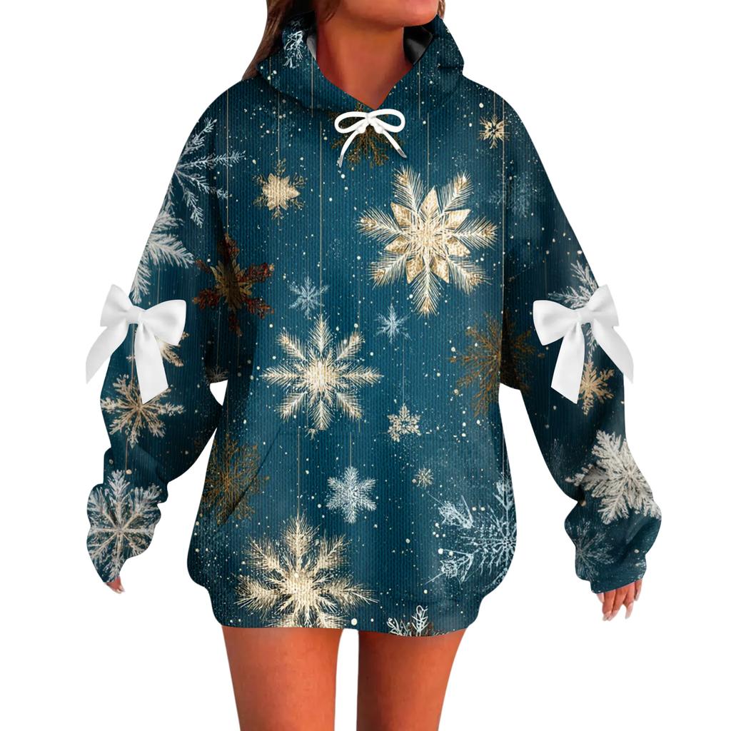 Ladies' Christmas Printed Bow Long Sleeved Loose Fitting Headband With Rope Hooded Sweatshirt Top