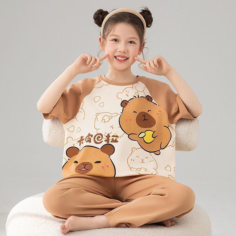 Girls Cotton Pajama Set Short Sleeve Long Pants Cartoon Print Sleepwear Kids Ages 4-12