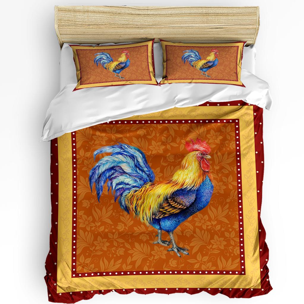 Husă de pilotă cu ilustrație retro de cocoș de fermă și față de pernă, set de lenjerie de pat personalizat cu 3 bucăți, husă de pilotă, pat dublu, textile pentru casă