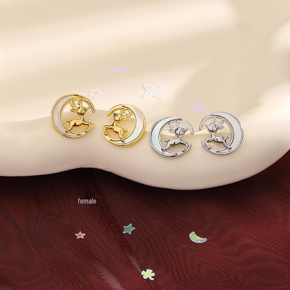 Christmas Reindeer Moon Stud Earrings: Women's Korean Simple Fashion, White Shell Design - Perfect Holiday Gift