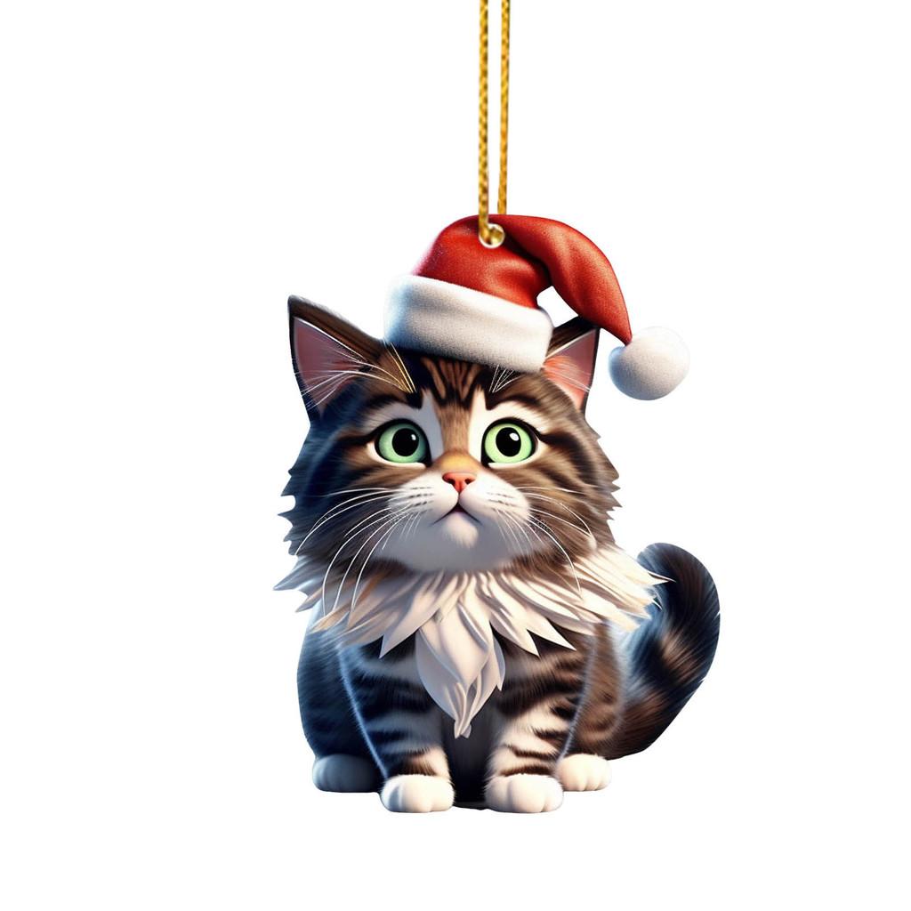 Lovely Acrylic Cat Car Hanging Decoration With Cheerful Christmas Hat And Theme Tree