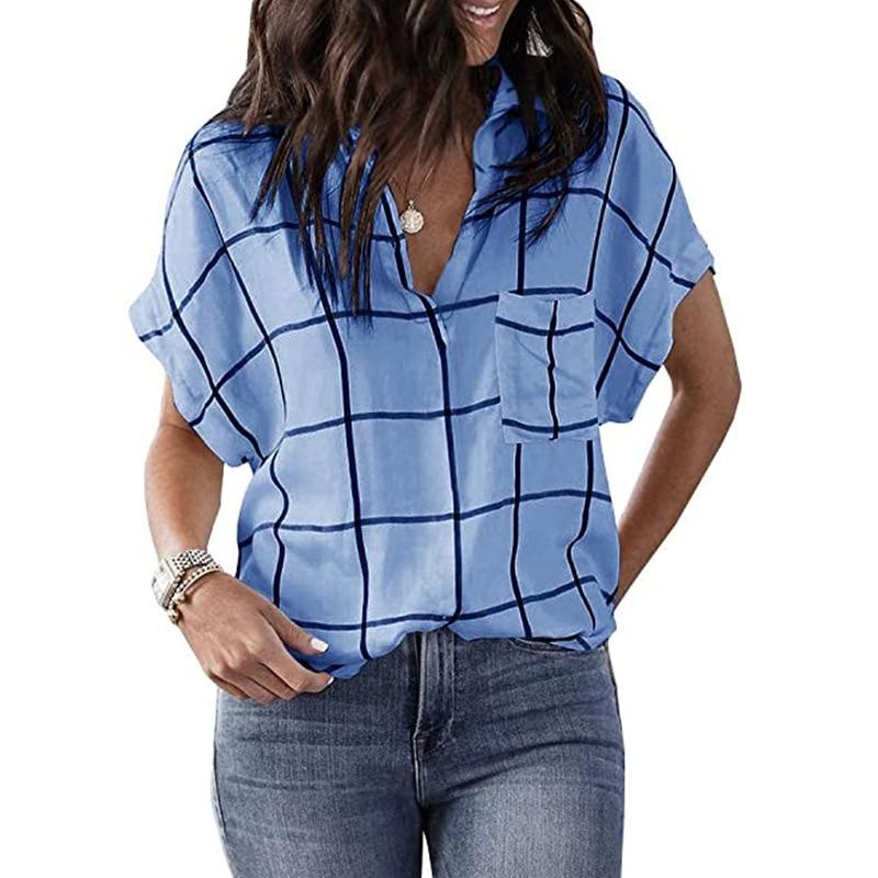 Spring and Summer New Fashion Women's Casual Loose Check Print Pocket V-Neck Short-Sleeved Plus Size Pullover T-Shirt