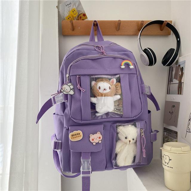 Backpacks Candy Color Sweet Cute School Bags Large Capacity Multi-pockets Water Proof Students College Korean Style(Without Toy Accessories)
