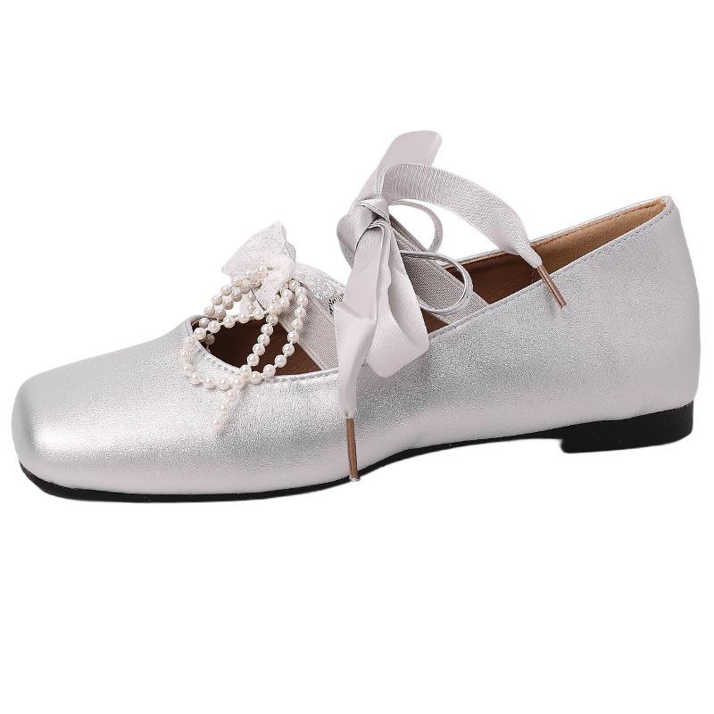 Women's Ballet Shoes French Elegant Lace Bow Mary Jane Single Shoes Beautiful Summer Fashion Pearl